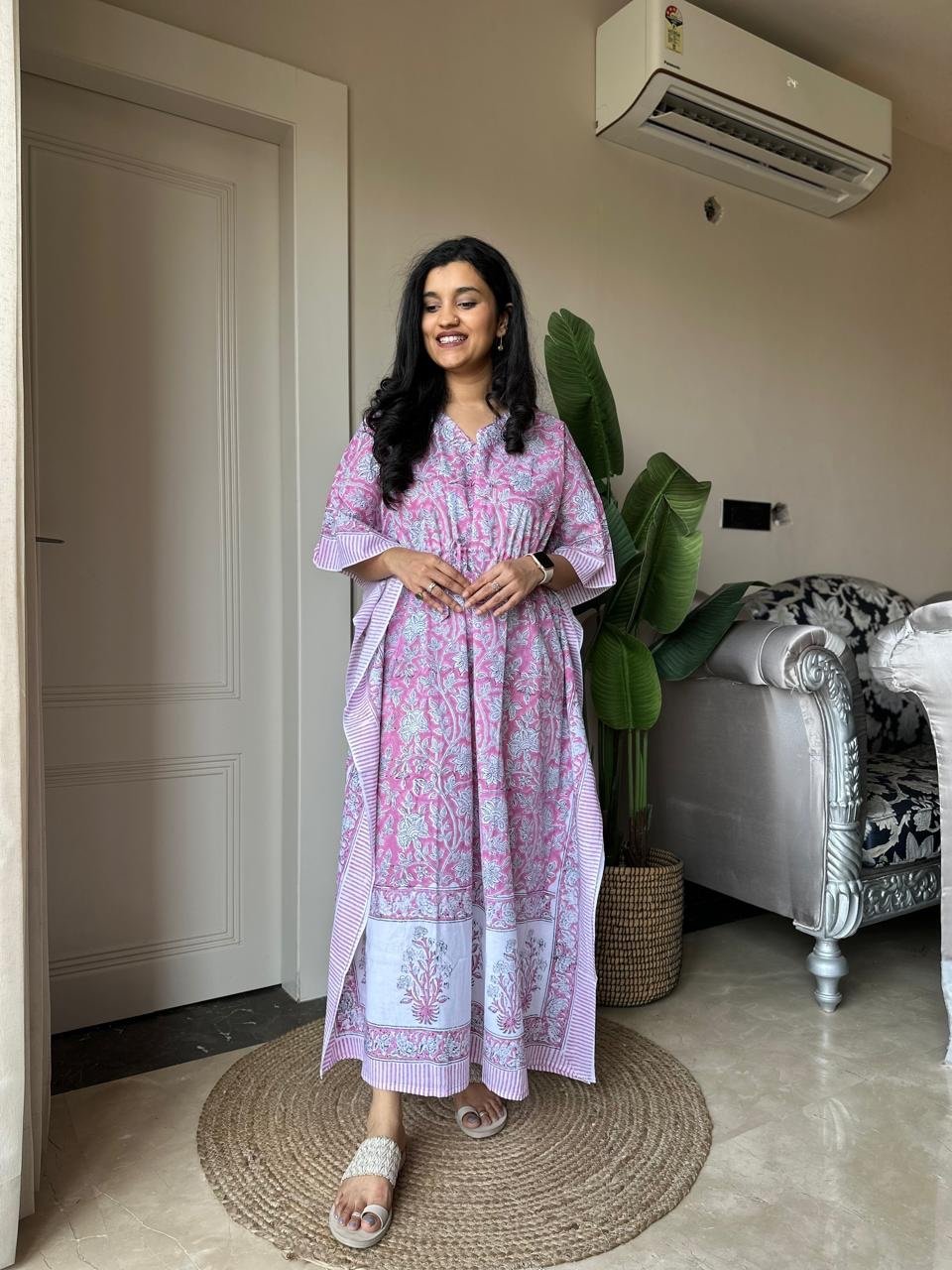 Block Print Cotton Kaftan- Soft Pinks