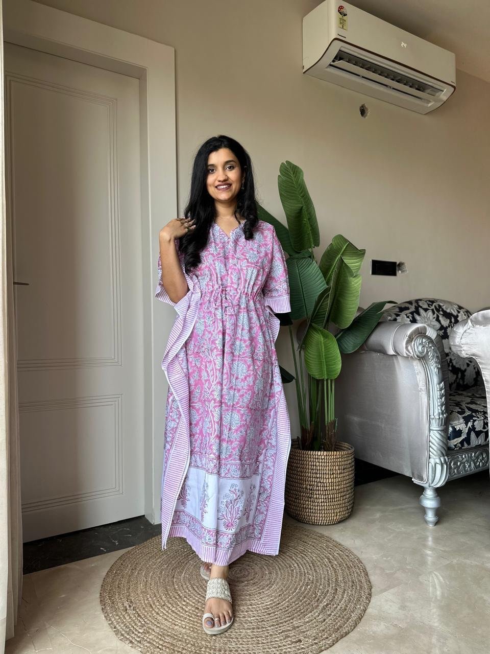 Block Print Cotton Kaftan- Soft Pinks