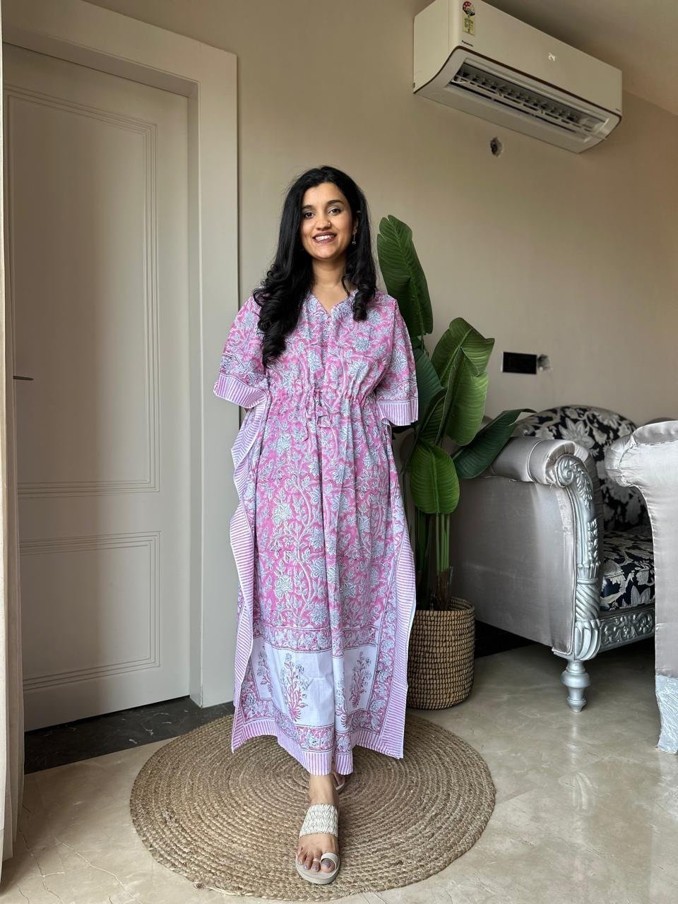 Block Print Cotton Kaftan- Soft Pinks
