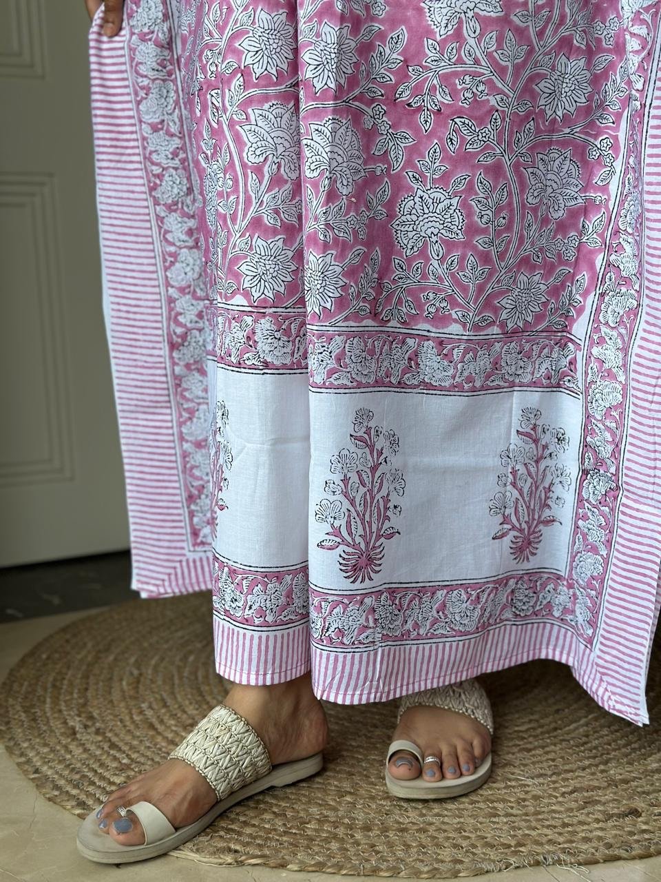 Block Print Cotton Kaftan- Soft Pinks