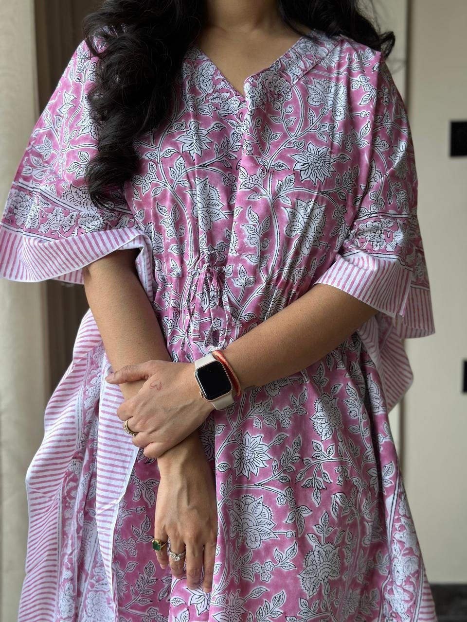 Block Print Cotton Kaftan- Soft Pinks