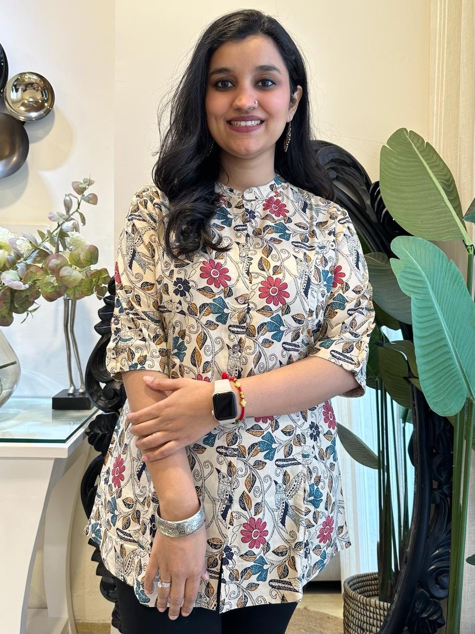 Rayon short Kurta- Off White Multi Floral