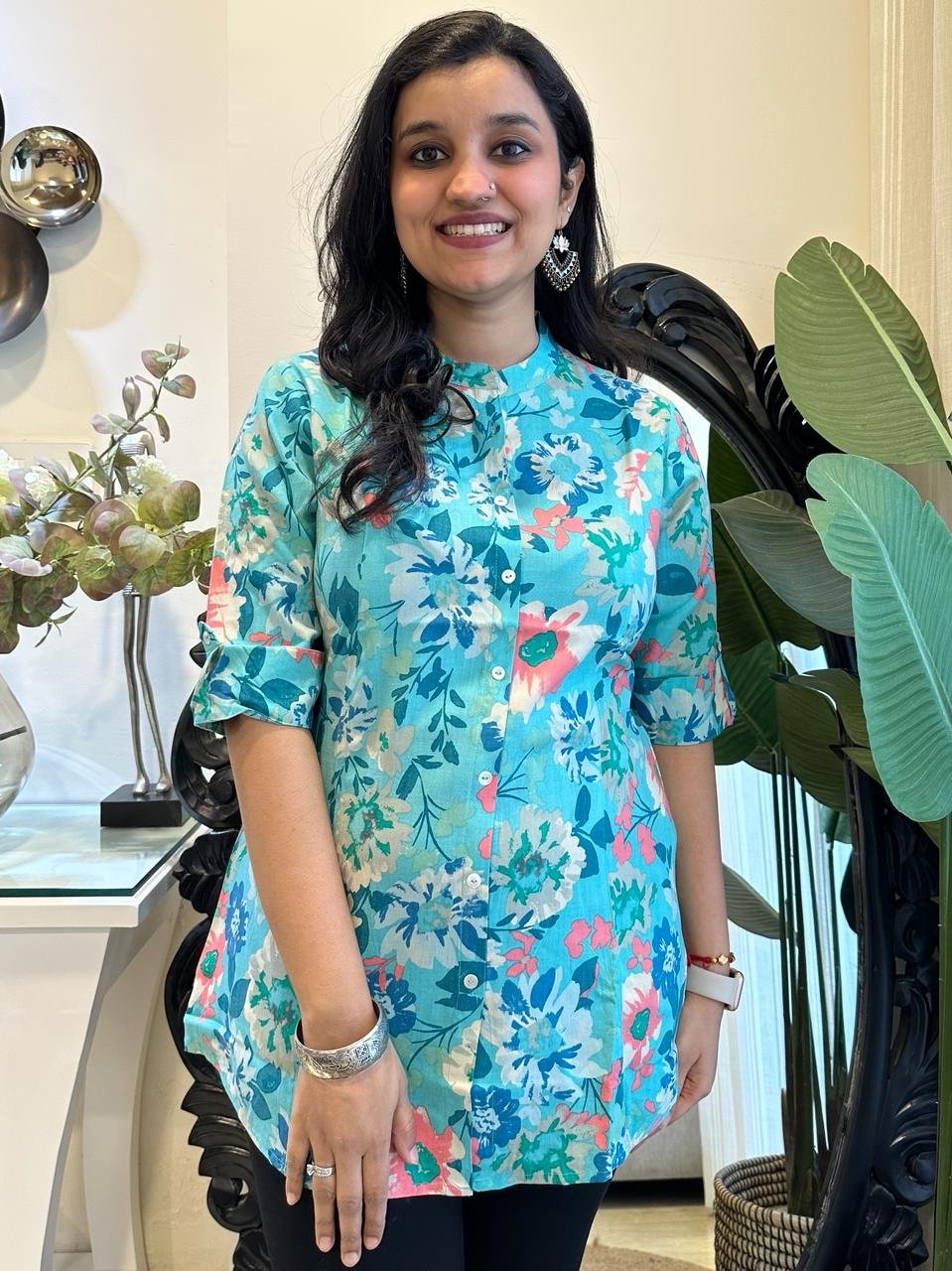 Rayon short kurta- Sky Blue Big Florals