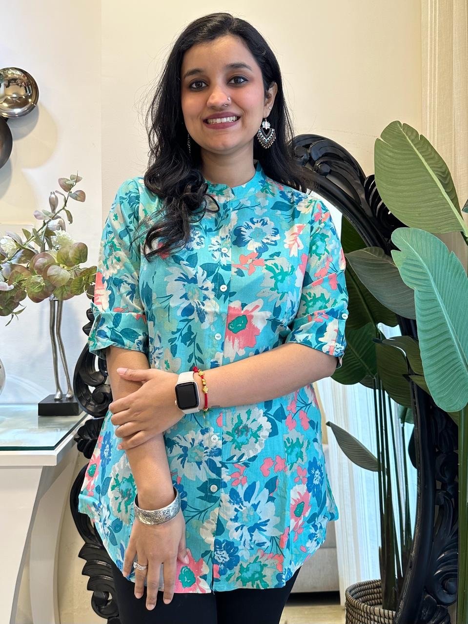 Rayon short kurta- Sky Blue Big Florals
