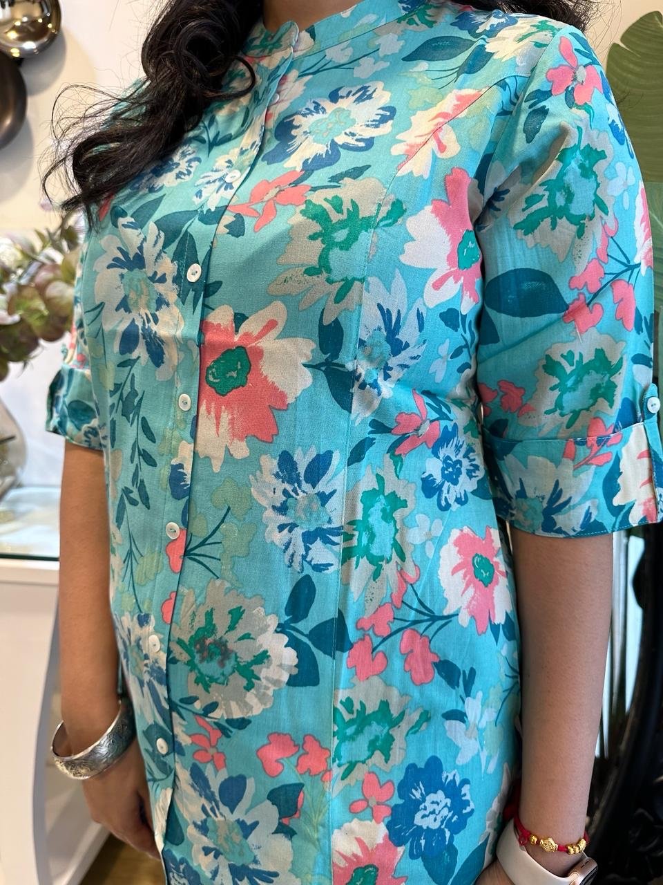 Rayon short kurta- Sky Blue Big Florals