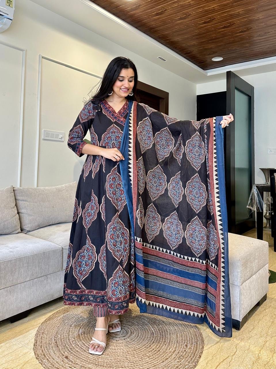 Hasrat Ajrakh Anarkali Suit- Black