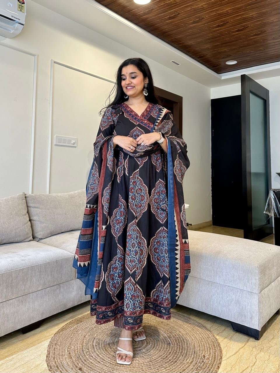 Hasrat Ajrakh Anarkali Suit- Black
