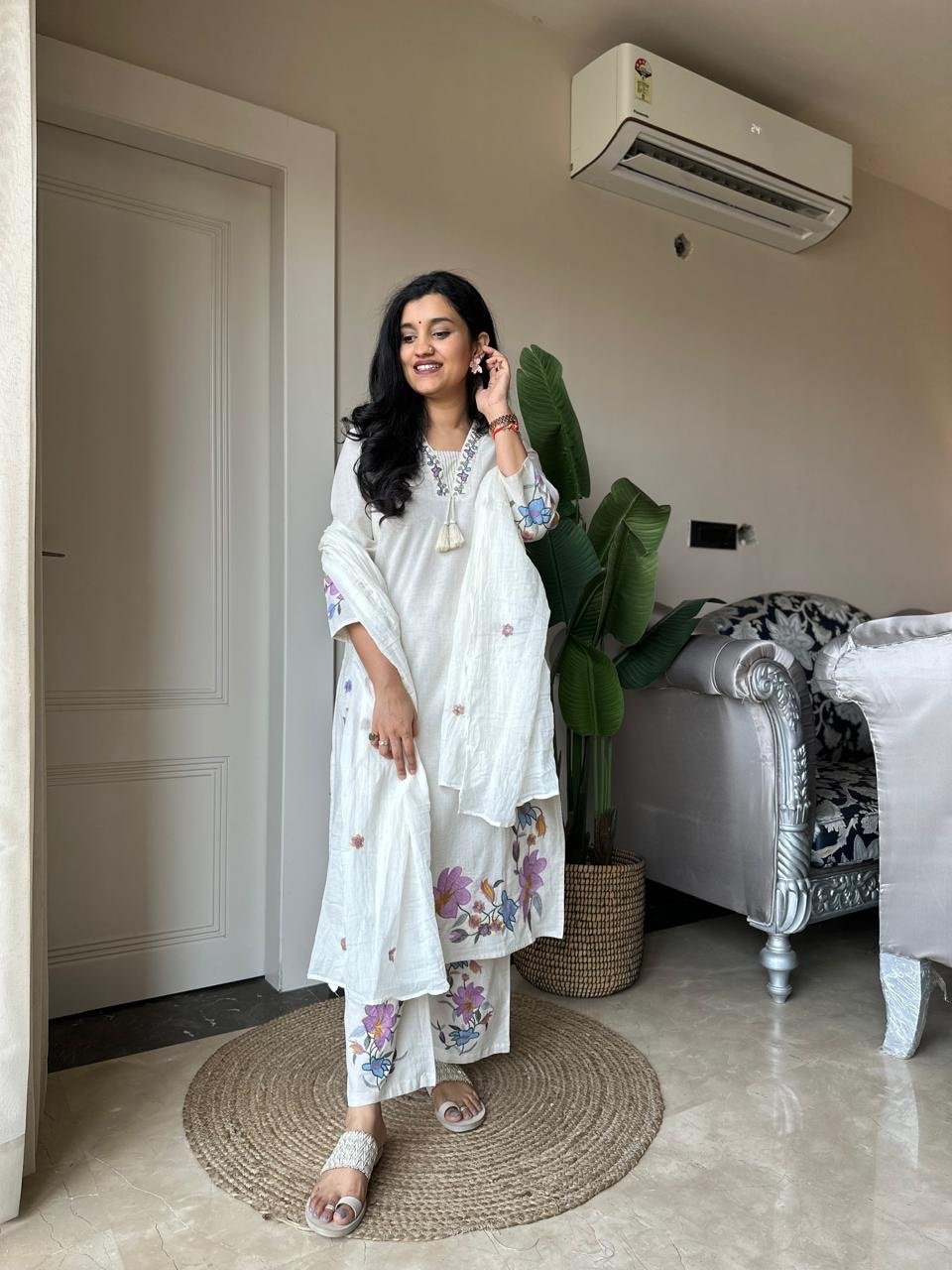Priya Embroidered Off White Set