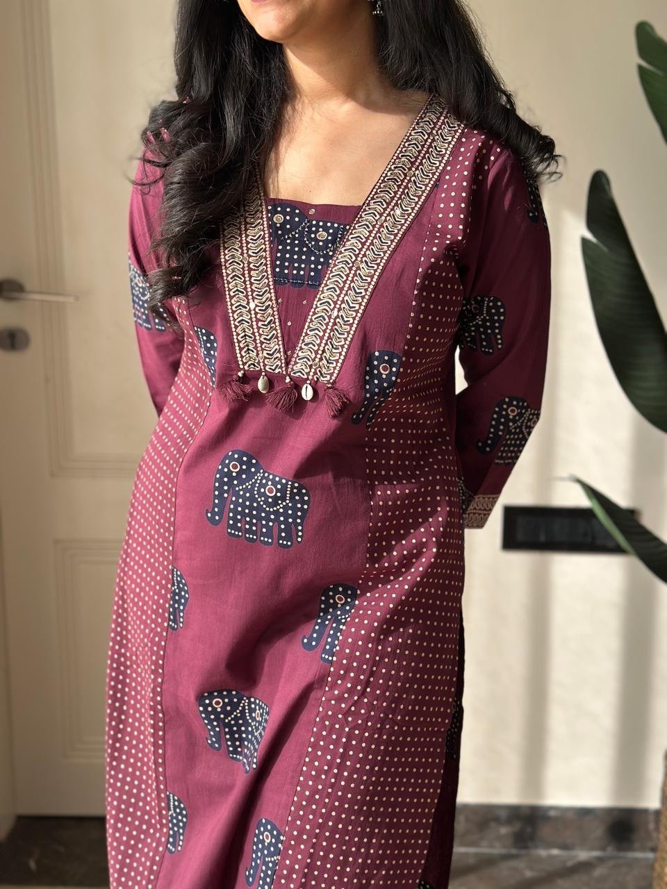 Heena Ajrakh Cotton Suit- Wine