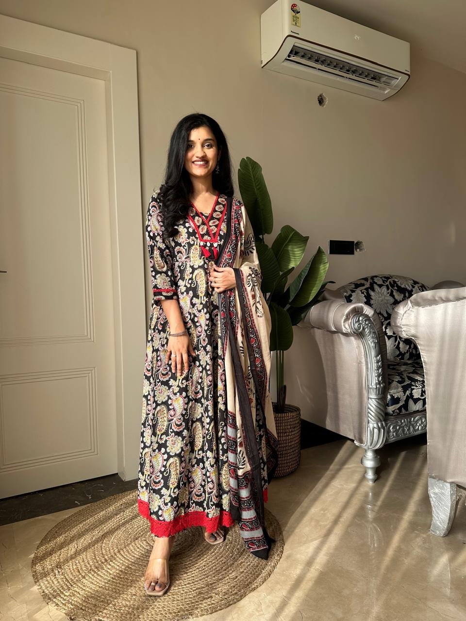 Zarza Printed Cotton Anarkali Suit- Black