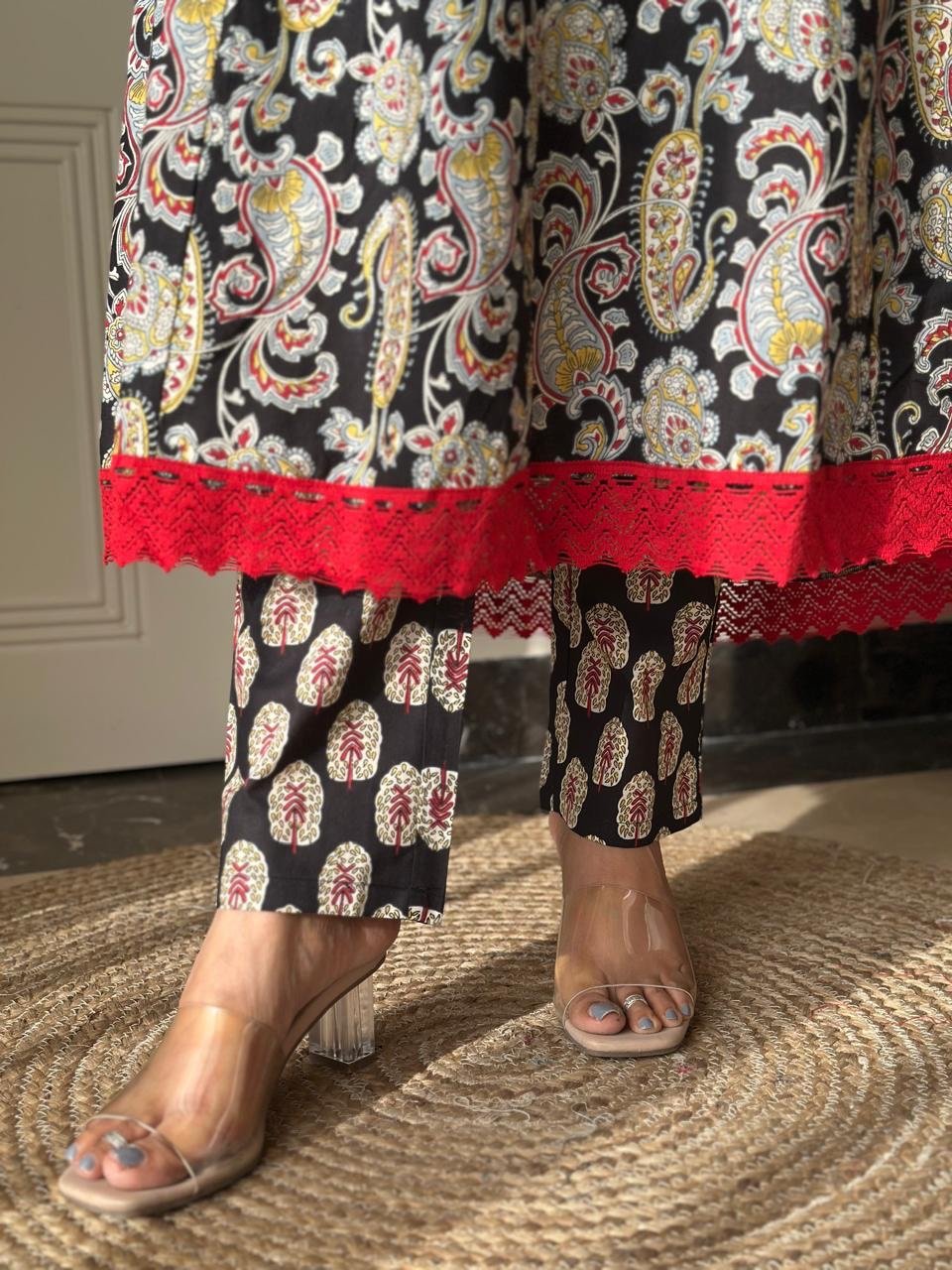 Zarza Printed Cotton Anarkali Suit- Black