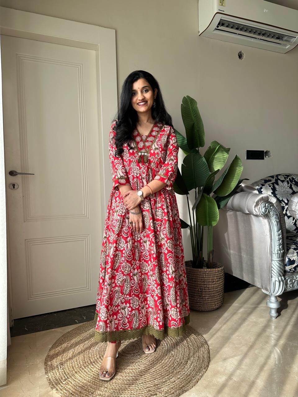 Zarza Printed Cotton Anarkali Suit- Red