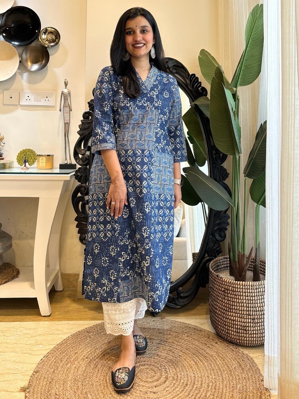 V-Neck Cotton Kurta- Indigo Patch