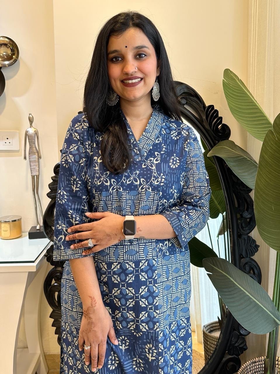 V-Neck Cotton Kurta- Indigo Patch