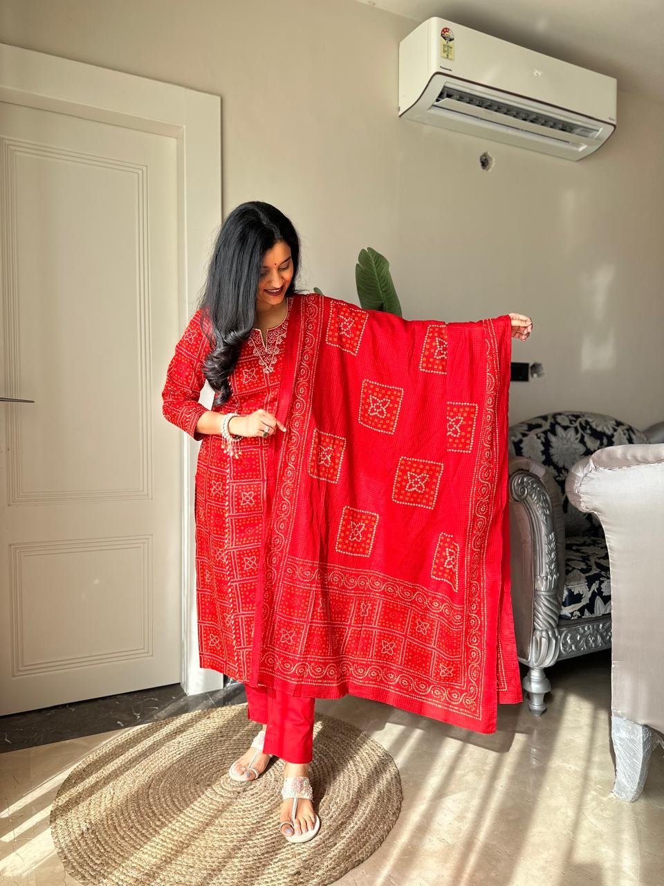 Sugandha Red Bandhej Cotton Set