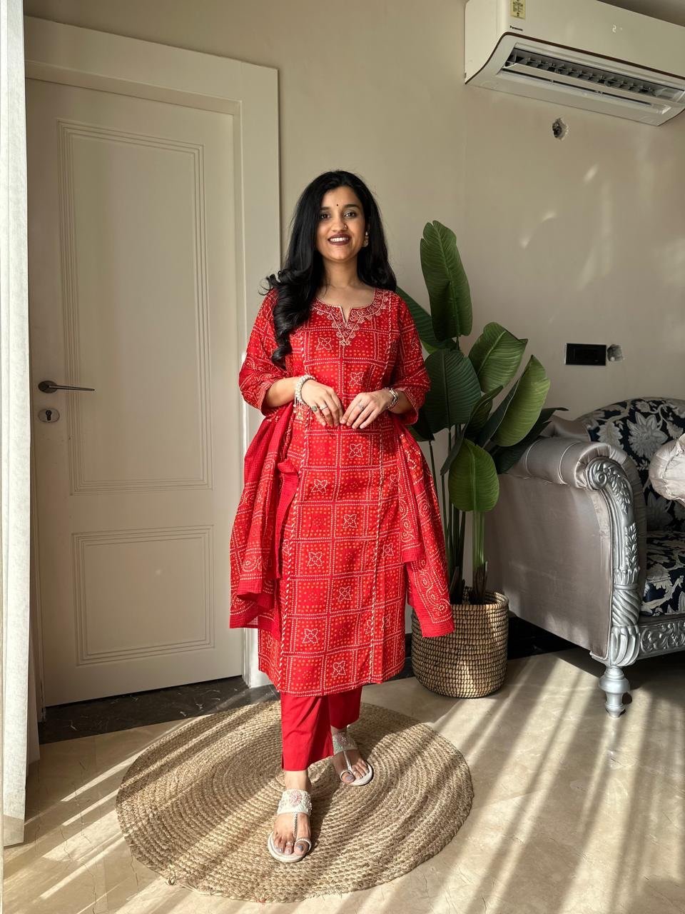 Sugandha Red Bandhej Cotton Set