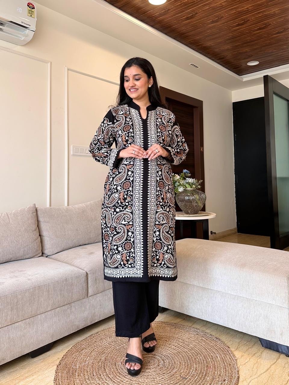Sarah Woolen Luxe Embroidered Suit Set- Black