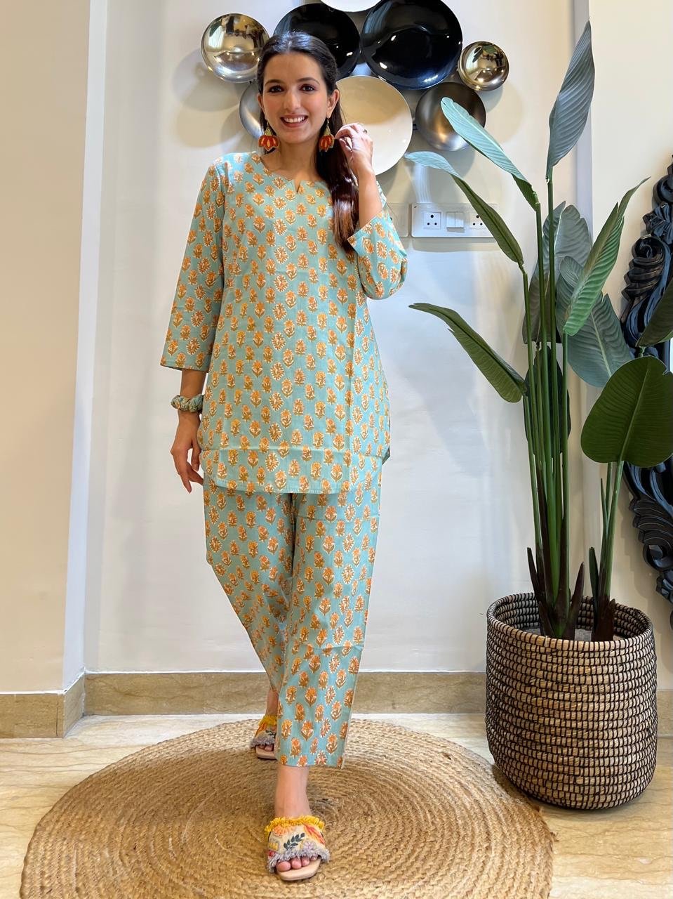 Cotton Lounge Set- L Green Booti