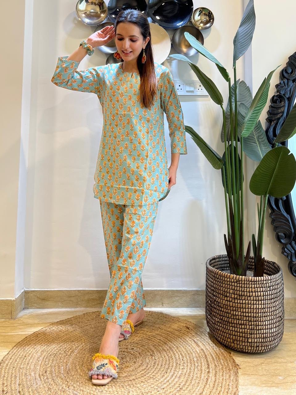 Cotton Lounge Set- L Green Booti