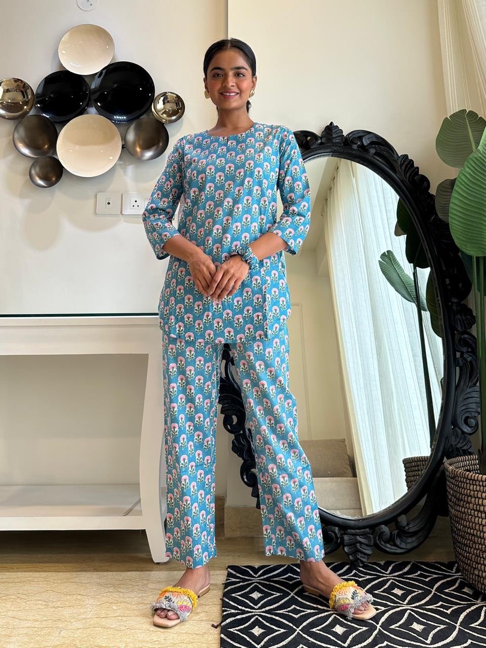 Cotton Lounge Set- D Blue Booti