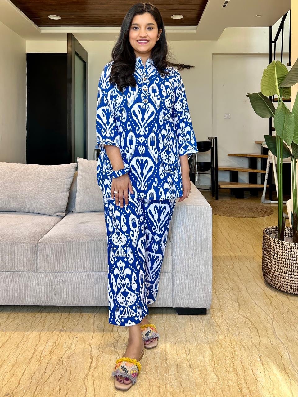 Cotton Lounge Set- Blue Ikkat