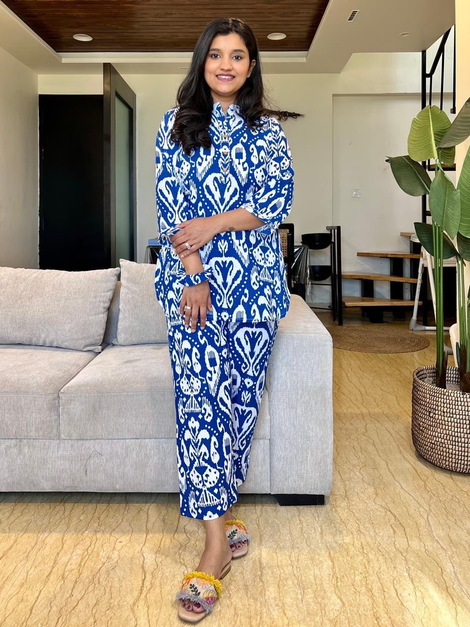Cotton Lounge Set- Blue Ikkat