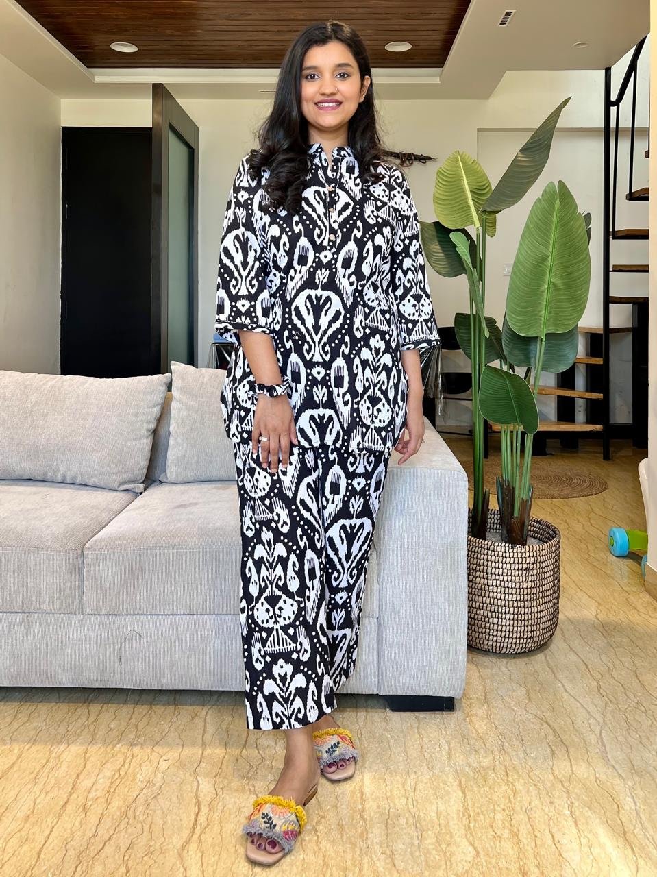Cotton Lounge Set- Black Ikkat