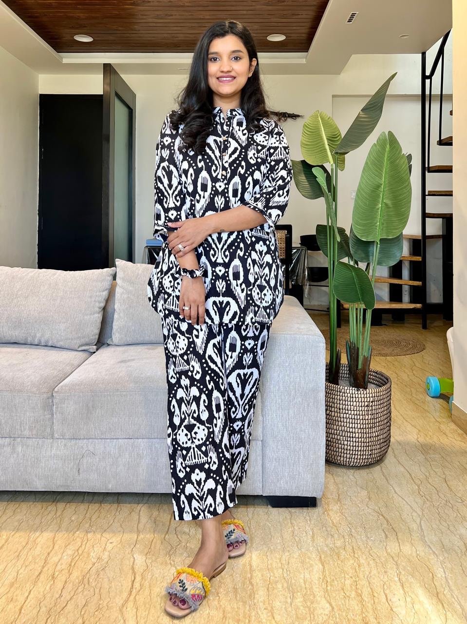 Cotton Lounge Set- Black Ikkat