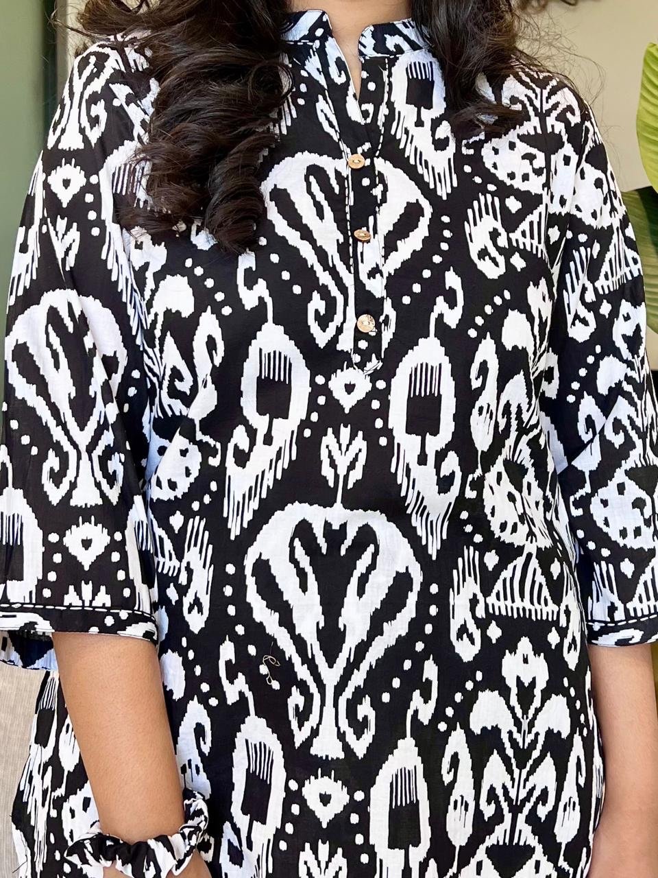 Cotton Lounge Set- Black Ikkat