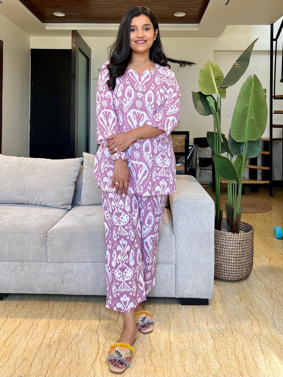 Cotton Lounge Set- Pink Ikkat