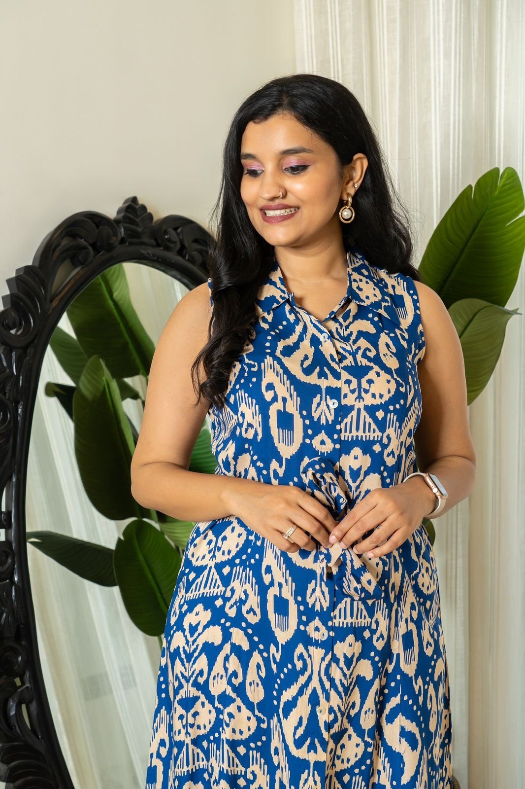 Dress with Pocket- Royal Blue Ikkat Print