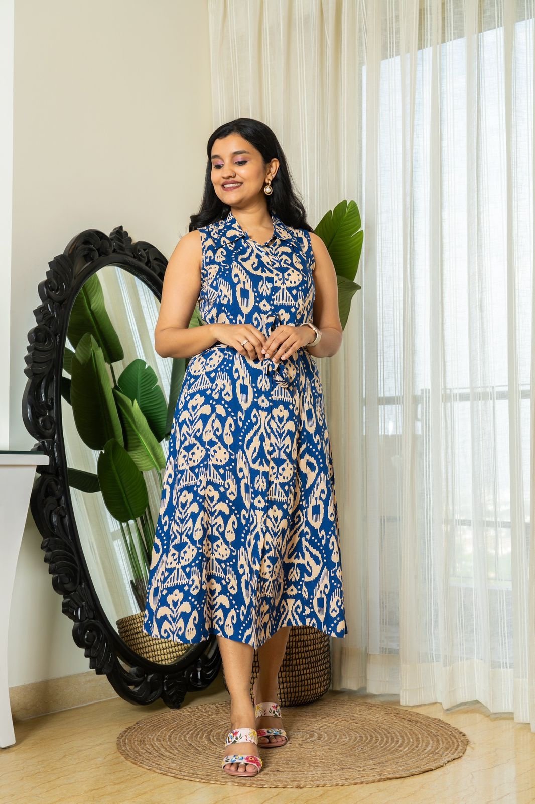 Dress with Pocket- Royal Blue Ikkat Print