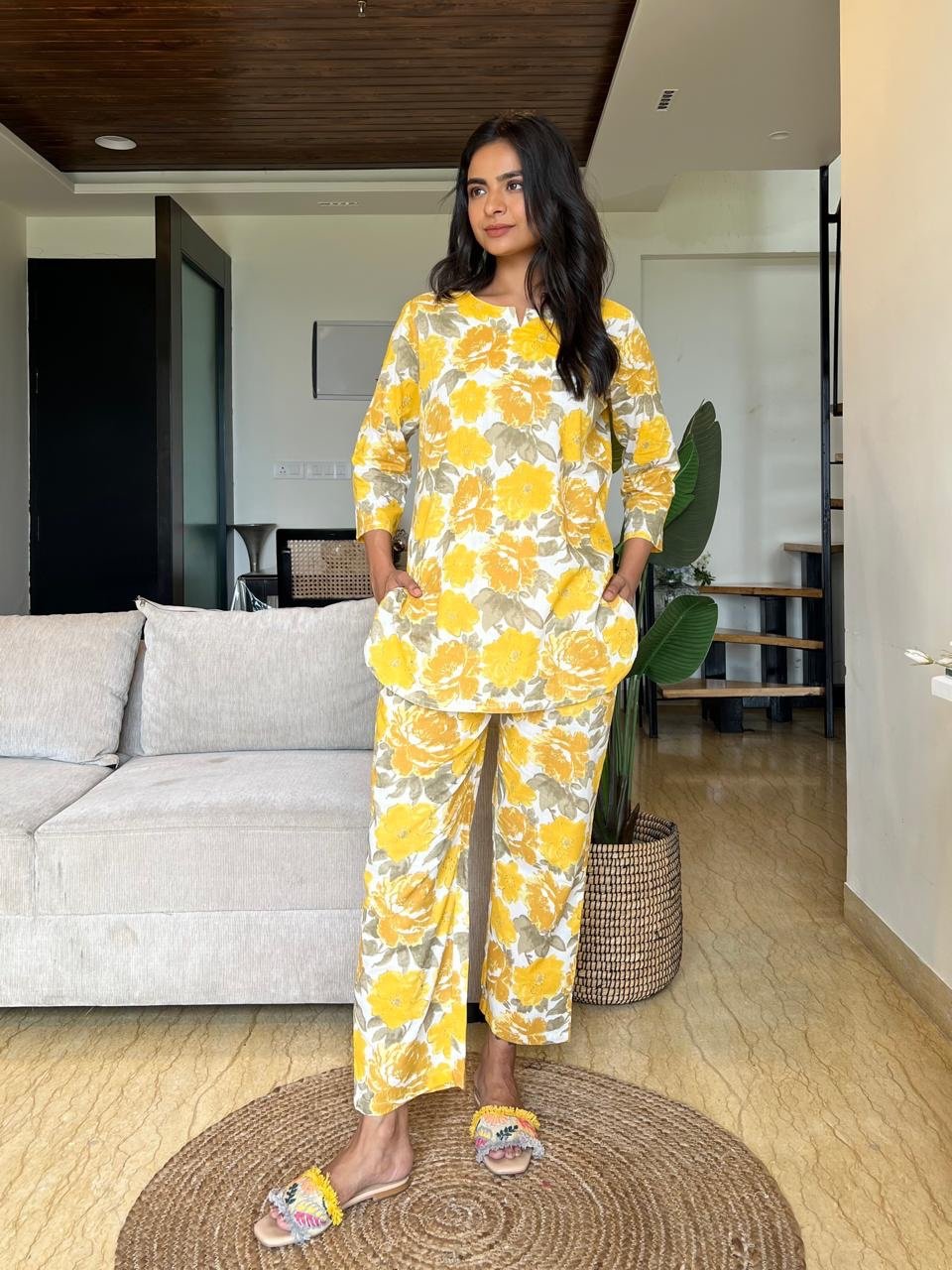 Cotton Lounge Set- Yellow Grey