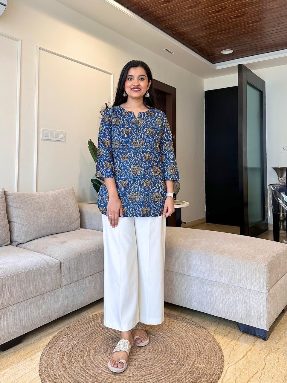 Krishi Short Cotton Top- Blue Jaal