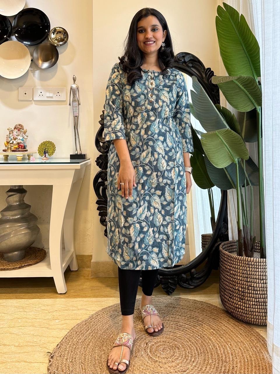 Weekend Round Neck Kurta- Teal Floral Jaal