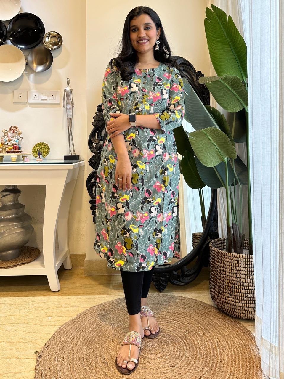 Weekend Round Neck Kurta- Green Neon Florals