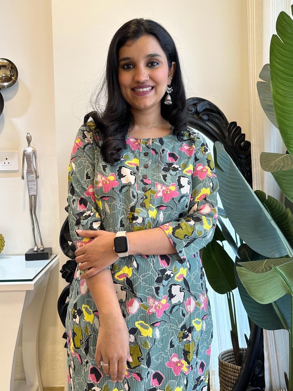 Weekend Round Neck Kurta- Green Neon Florals