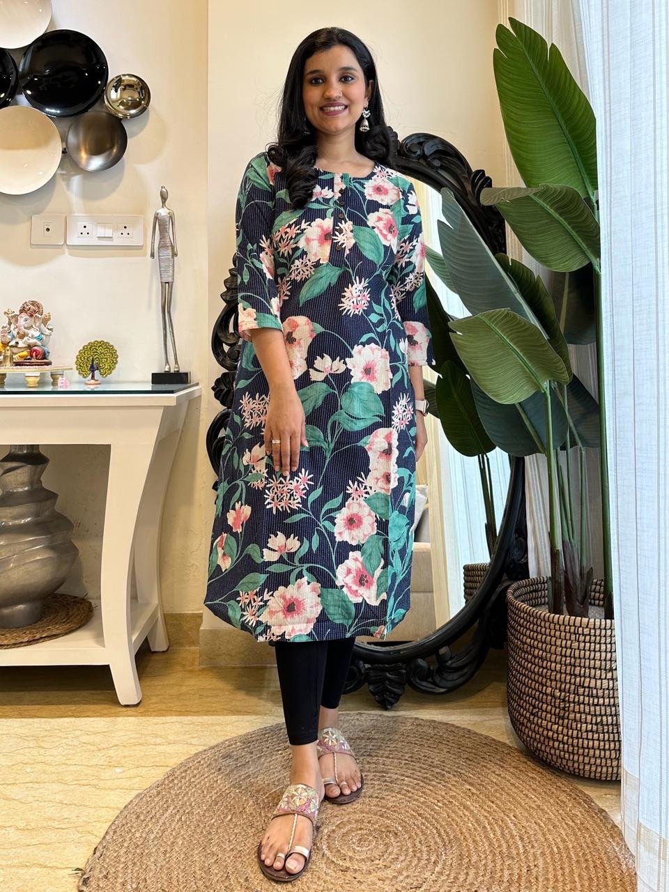 Weekend Round Neck Kurta- Navy Blue Big Florals