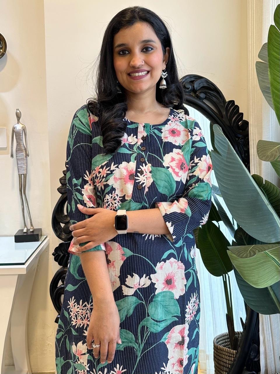 Weekend Round Neck Kurta- Navy Blue Big Florals