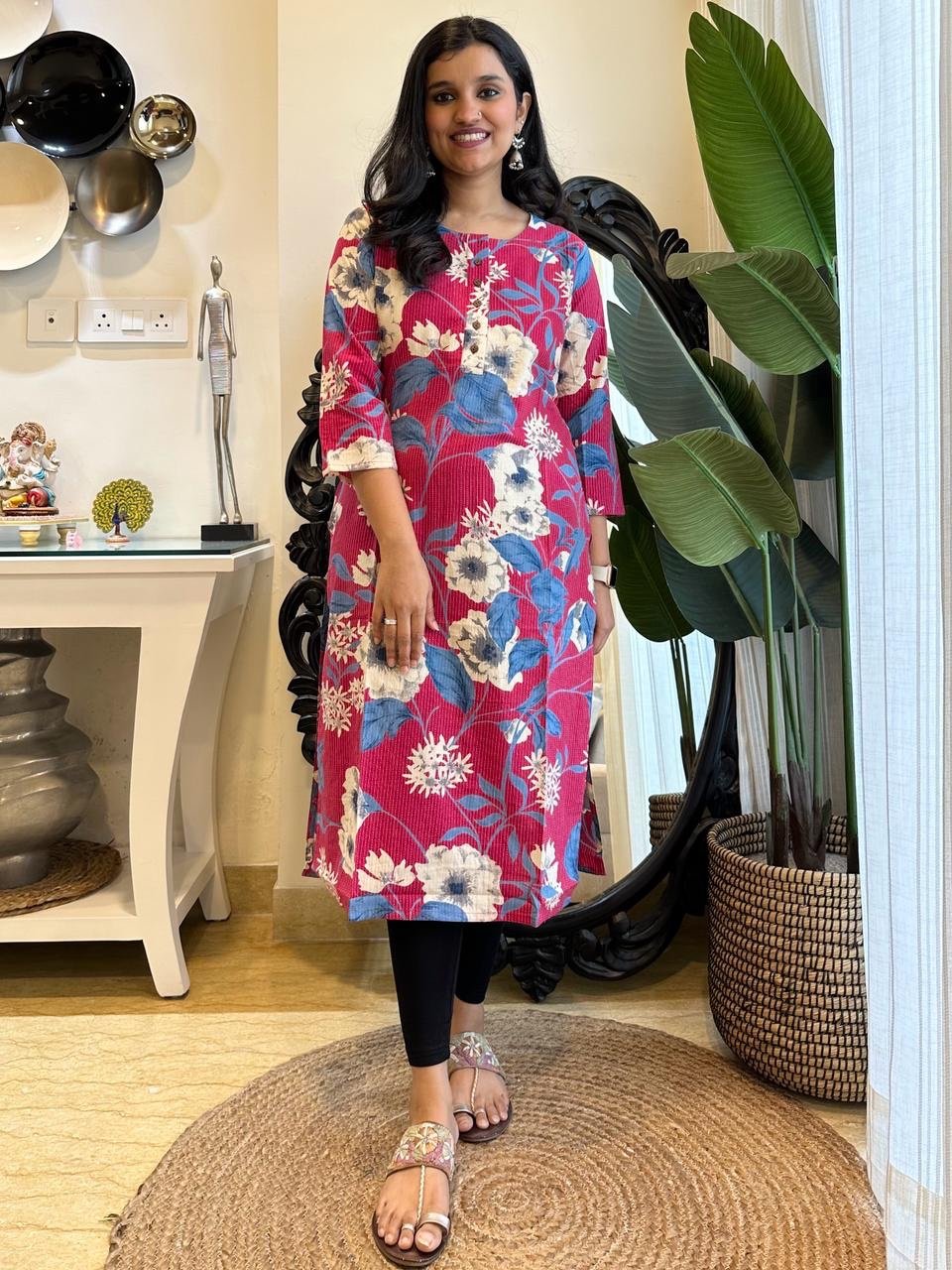 Weekend Round Neck Kurta- Dark Pink Florals