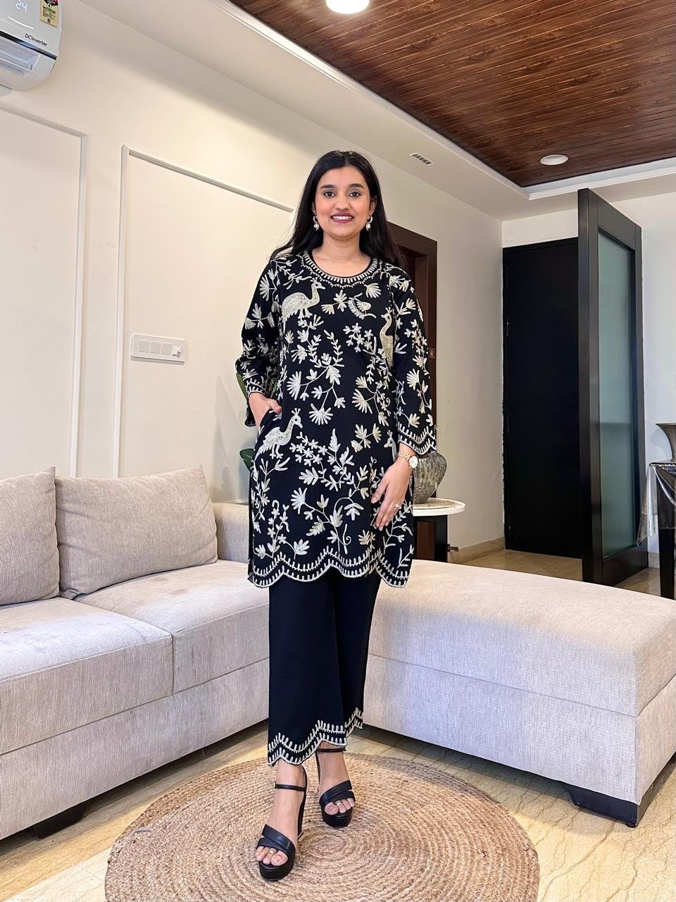 Mehram Woolen Embroidered Coord Set- Black
