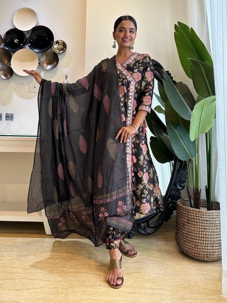 Black Floral Angrakha Afghan Set