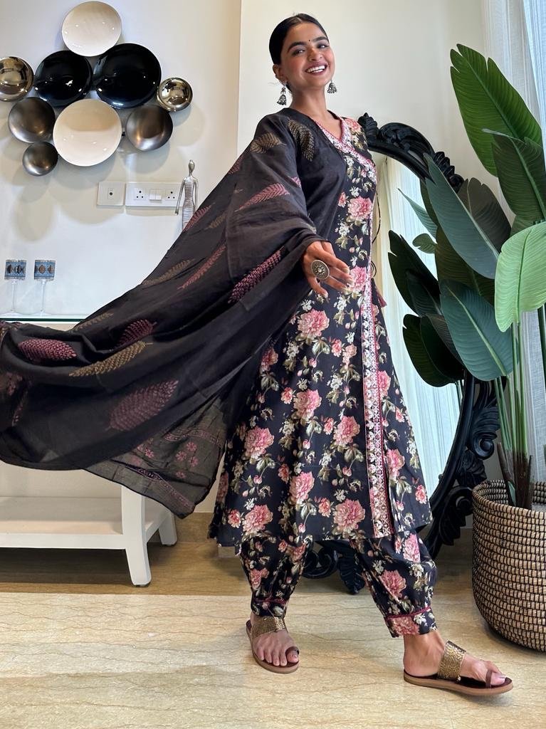 Black Floral Angrakha Afghan Set