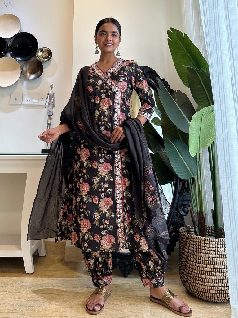 Black Floral Angrakha Afghan Set