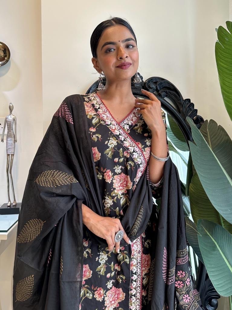Black Floral Angrakha Afghan Set