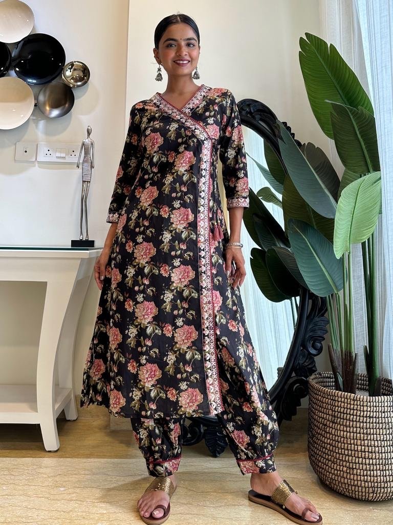 Black Floral Angrakha Afghan Set