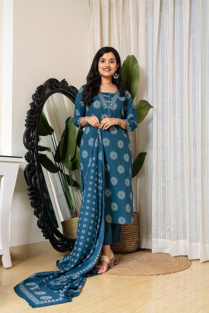 Meera Budget Cotton Suit- Teal blue
