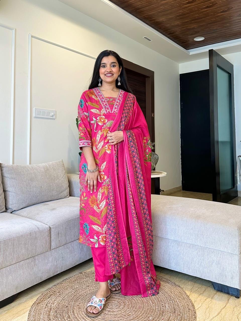 Ramya Floral Printed Cotton Suit-Pink