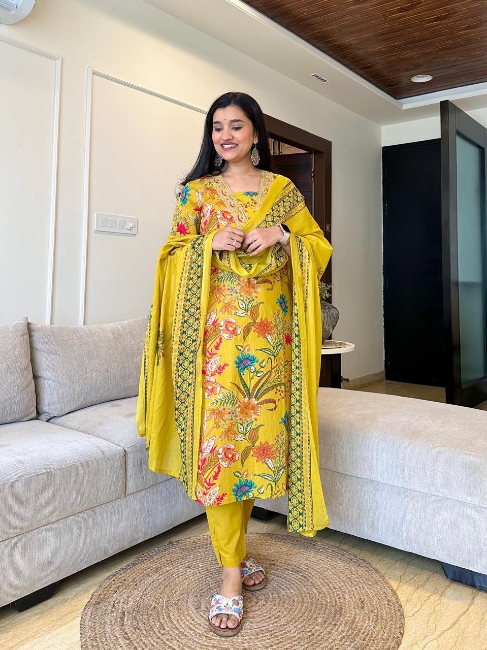 Ramya Floral Printed Cotton Suit- Yellow