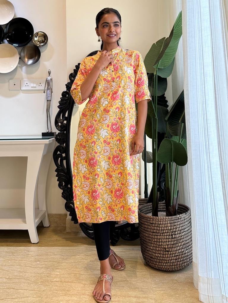 Weekend Cotton Kurta- Yellow Big Floral